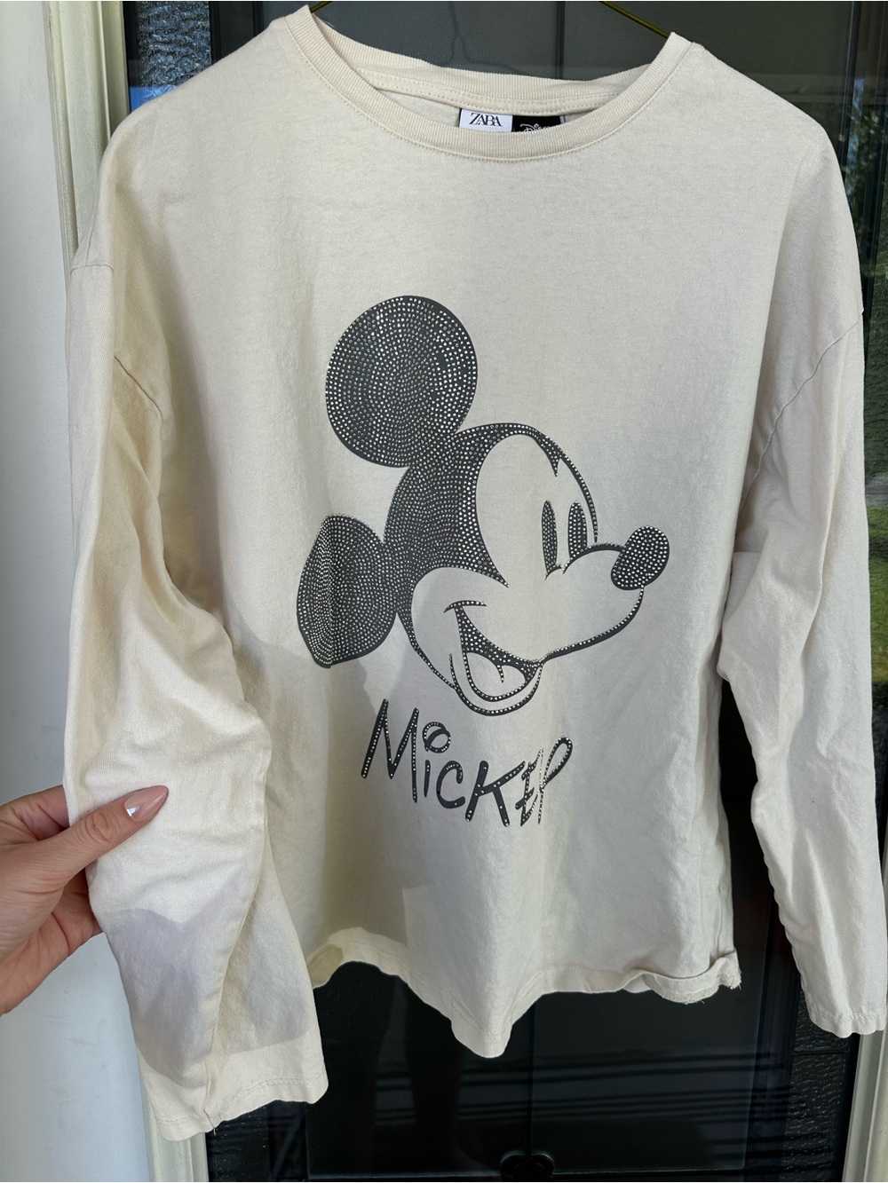 Zara Disney Cream Long-Sleeve Bling Mickey Mouse Graphic Tee
